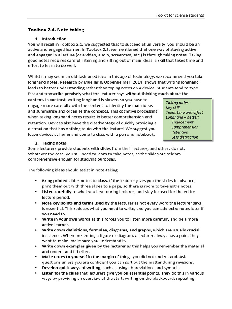 Toolbox 2.4 Note-Taking | PDF | Cognition | Cognitive Science