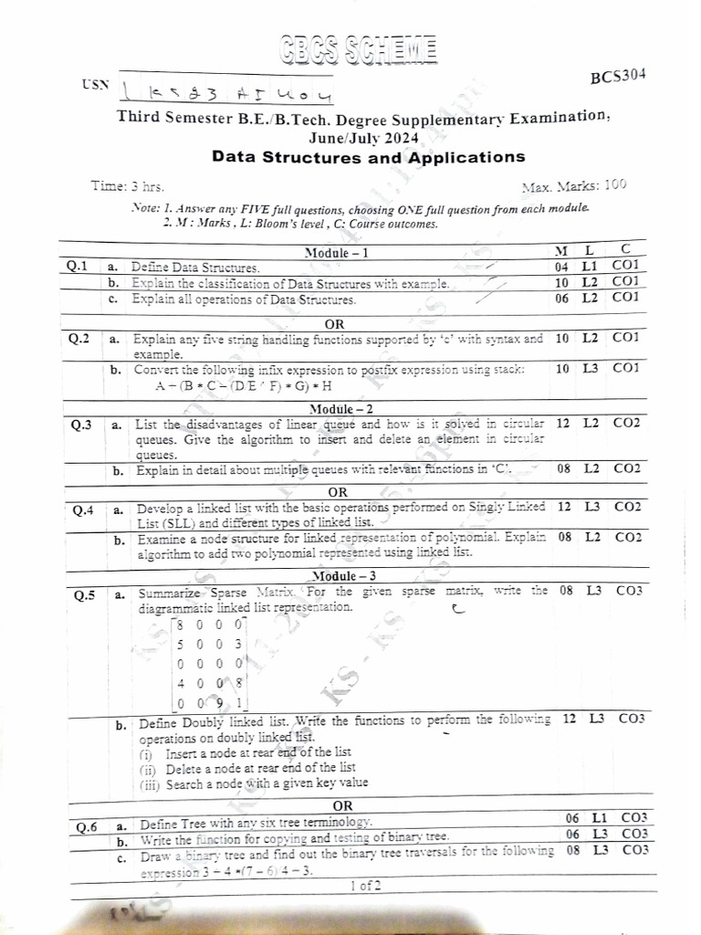 Question Papers | PDF | Matrix (Mathematics) | Theoretical Computer Science