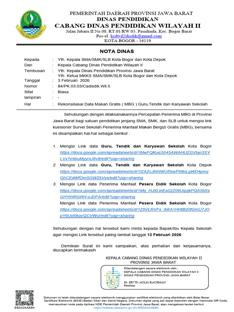 NOTA DINAS Rekonsiliasai Data Makan Gratis MBG GuruTendik Dan Karyawan ...