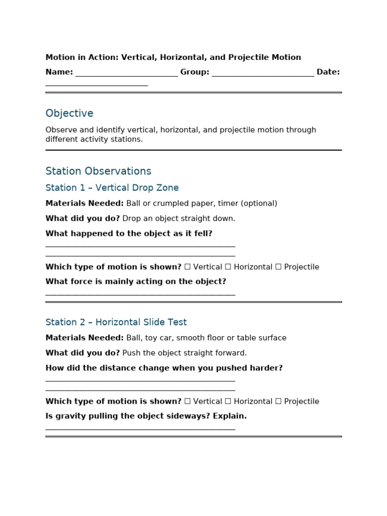 Motion Activity Sheet | PDF | Projectiles | Gravity