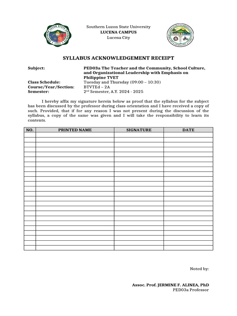 Syllabus Acknowledgement Receipt | PDF