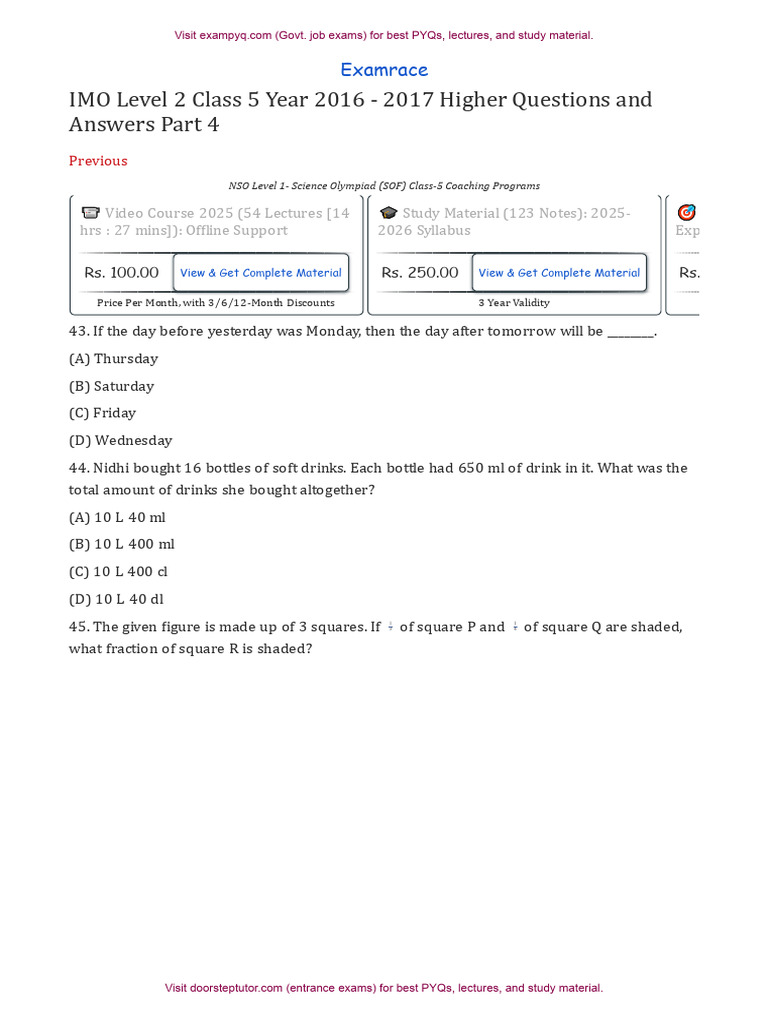 IMO Level 2 Class 5 Year 2016 2017 Part 4 | PDF