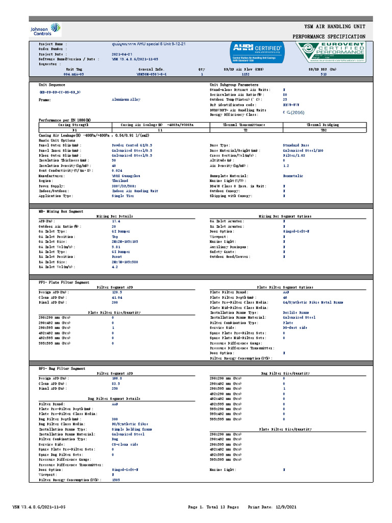 Performance Report AHU X-Ray (Centrifugal Fan Seperate PF+MF) | PDF ...