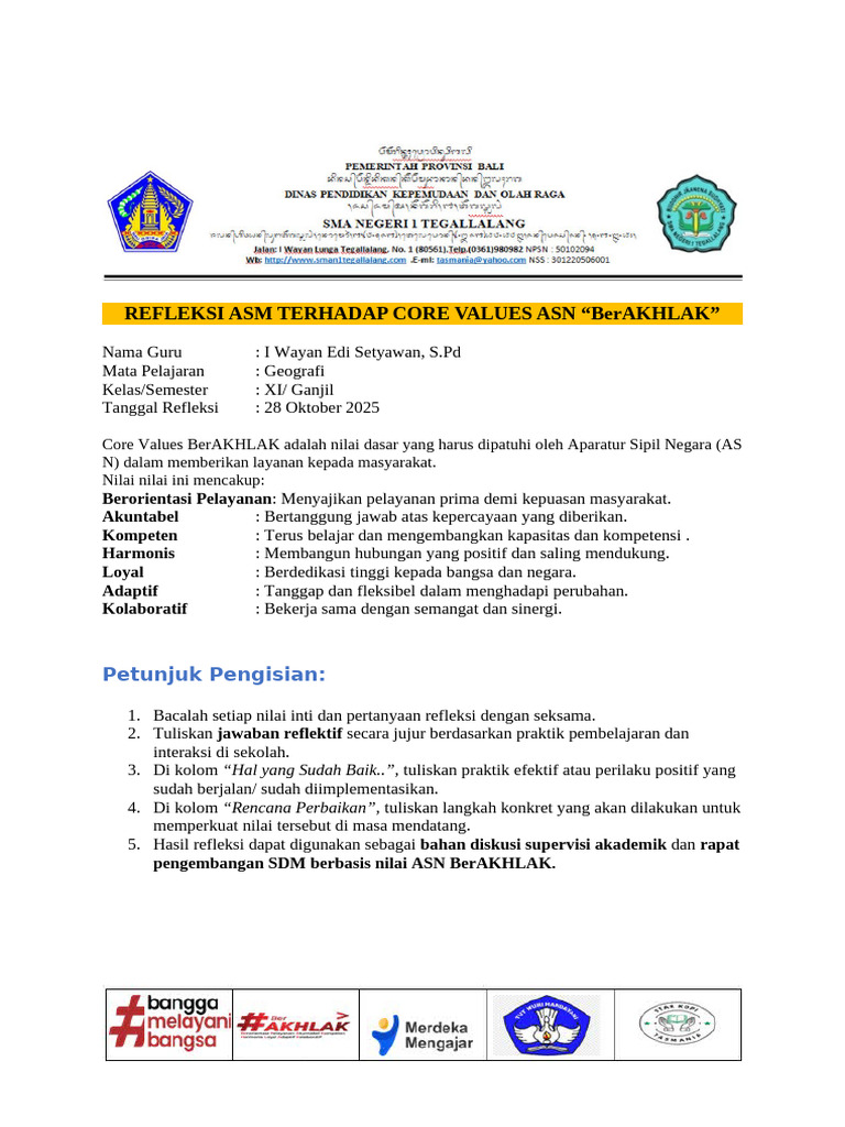 05.REFLEKSI ASN TERHADAP CORE VALUES ASN Edi | PDF