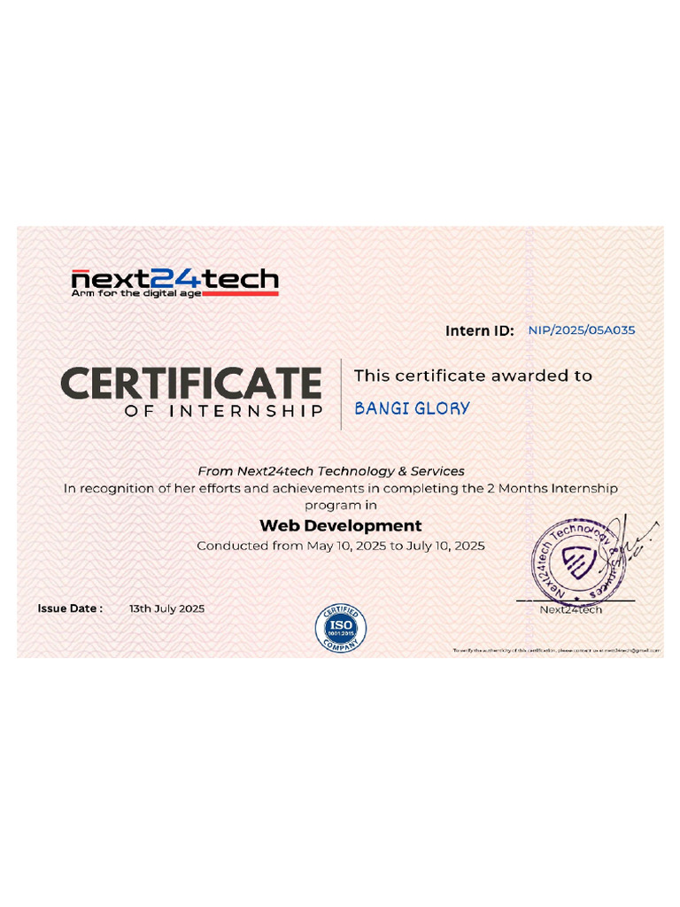 22RH1A6710 Next24tech Internship Certificate | PDF