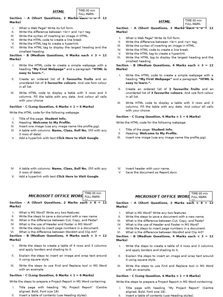 HTML & MS WORD Question Paper | PDF | Hyperlink | Microsoft Word