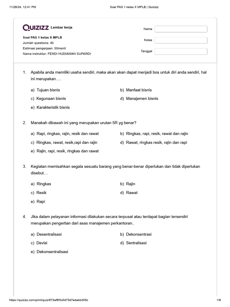 Soal PAS 1 Kelas X MPLB - Quizizz | PDF