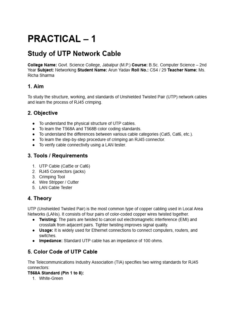 Practical 1 - UTP Cable - MD | PDF | Electrical Connector | Electronics