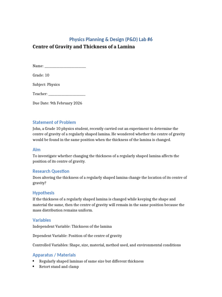 Physics PND Lab Grade10 Full | PDF | Center Of Mass | Gravity