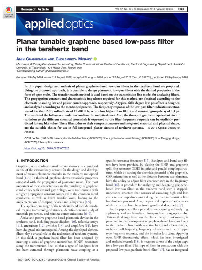 Planar Tunable Graphene Based Low-Pass Filter in The Terahertz Band ...