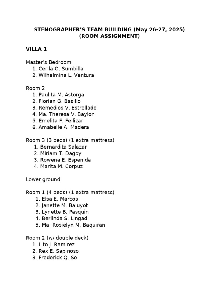 Steno Team Building Room Assignment May 26-27-2025 Final | PDF