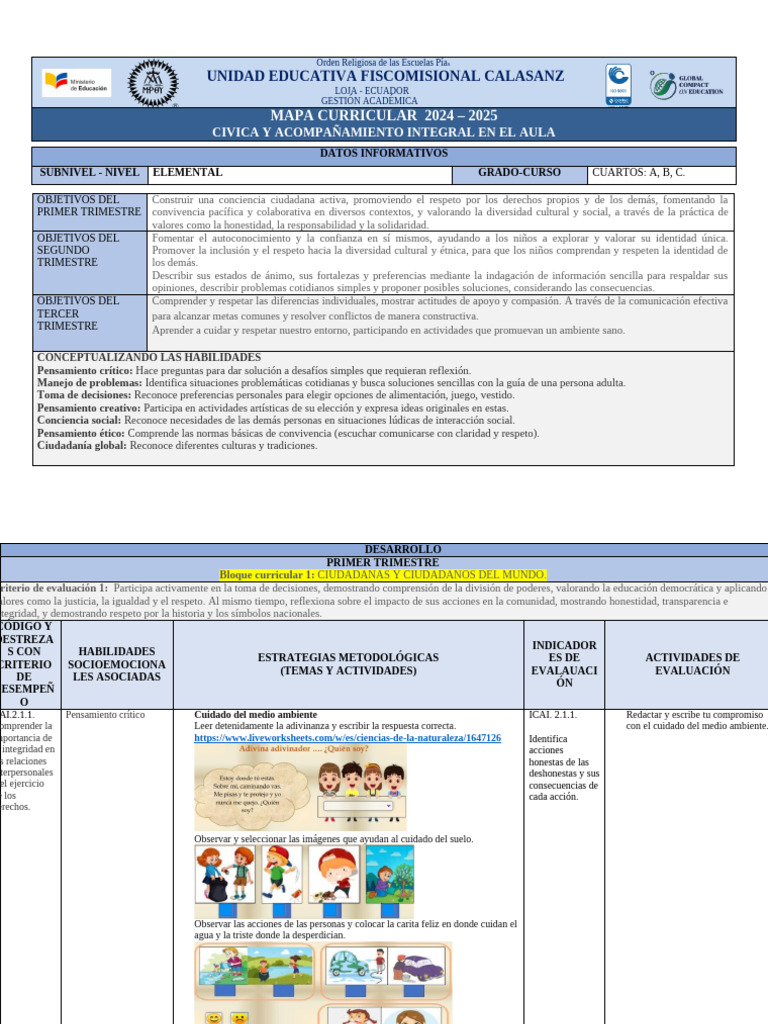 Mapa Curricular Cívica y Acompañamiento Integral Cuarto Grado. | PDF ...