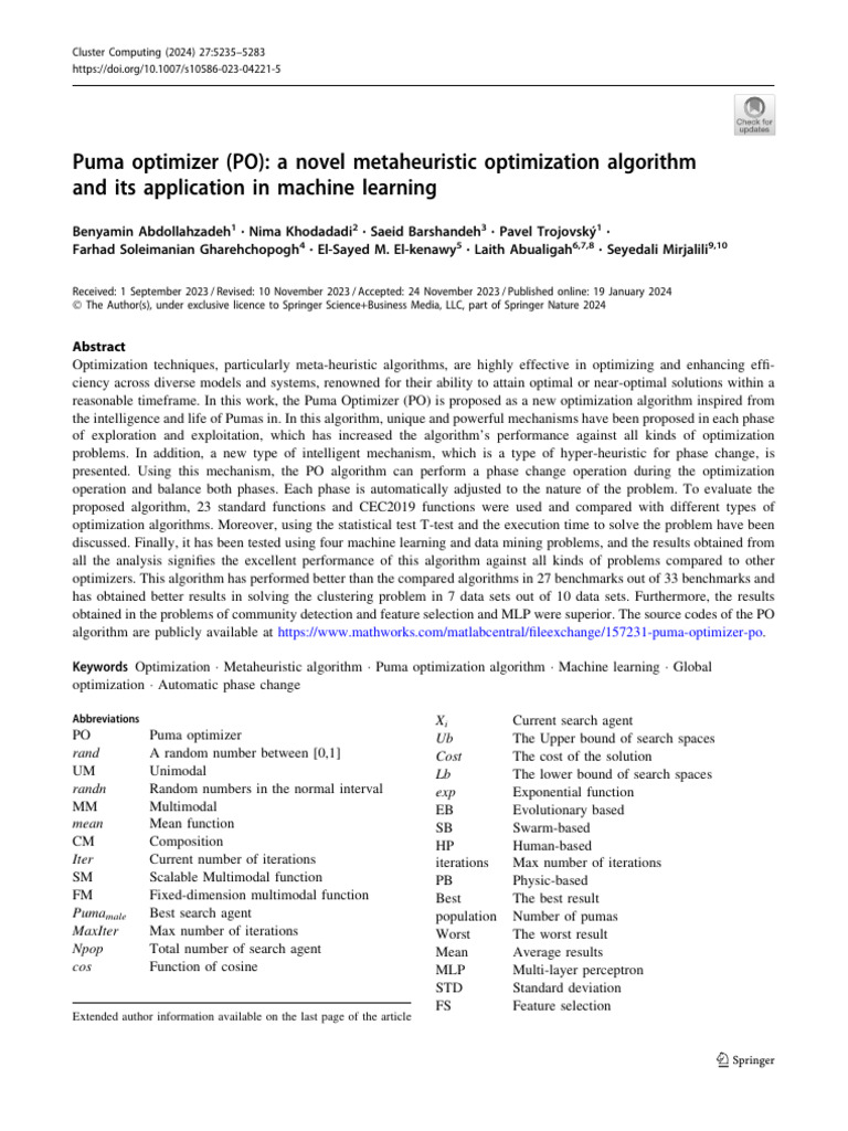 Puma Optimizer (PO) A Novel Metaheuristic Optimization Algorithm and ...