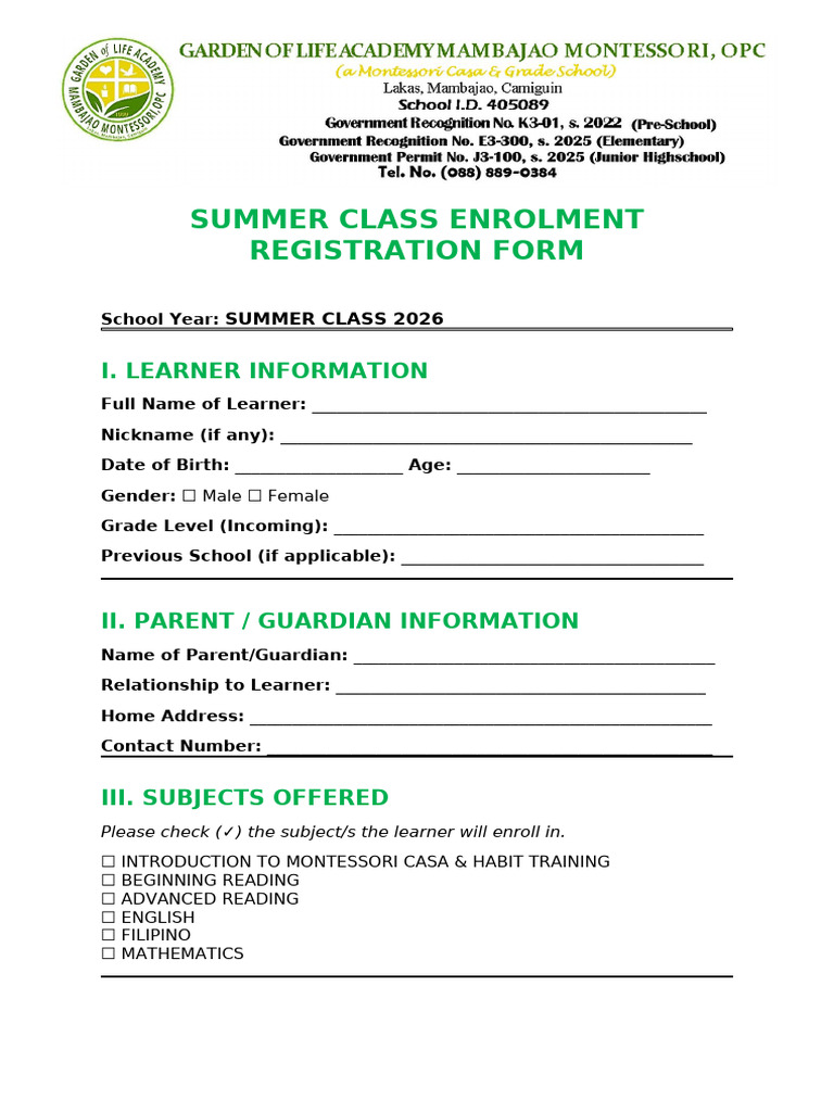 Summer Class Enrolment Registration Form | PDF