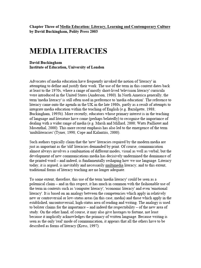 Chapter Three of Media Education Literacy Learning | PDF | Literacy ...