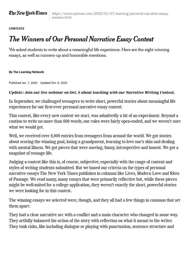 Personal Narrative Essay Contest - The New York Times | PDF | Narrative