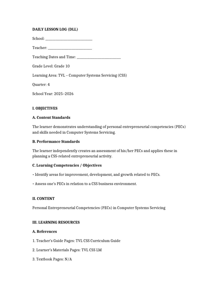 DLL Grade10 Css Pecs q4 Sy2025-2026 | PDF | Learning | Teachers
