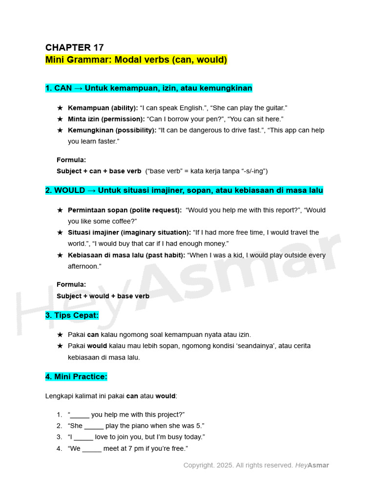 DAY 6 - CHAPTER 17 - Modal Verbs (Can, Would) | PDF