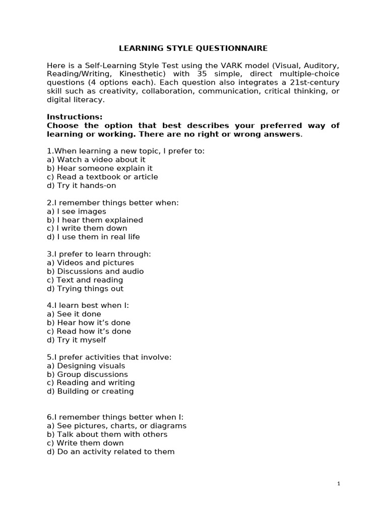 A.learning Style Questionnaire | PDF | Learning Styles | Learning