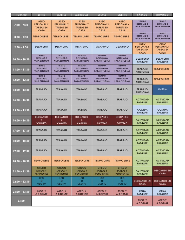 EJEMPLO DE HORARIO DE ACTIVIDADES SEMANAL | Ocio