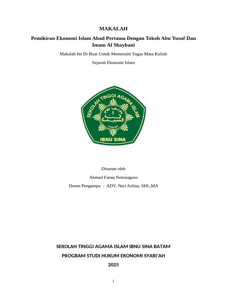 Pemikiran Ekonomi Islam Abad Pertama Dengan Tokoh Abu Yusuf Dan Imam Al ...