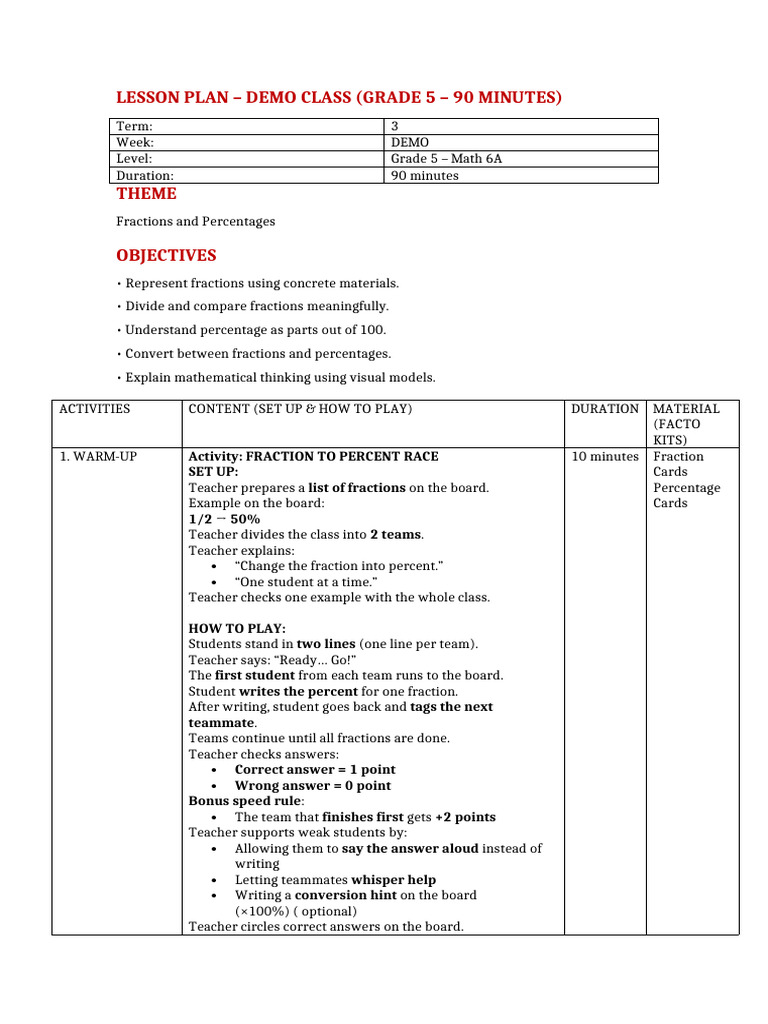Grade 5 Demo Lesson Plan Fractions and Percentage | PDF | Percentage ...