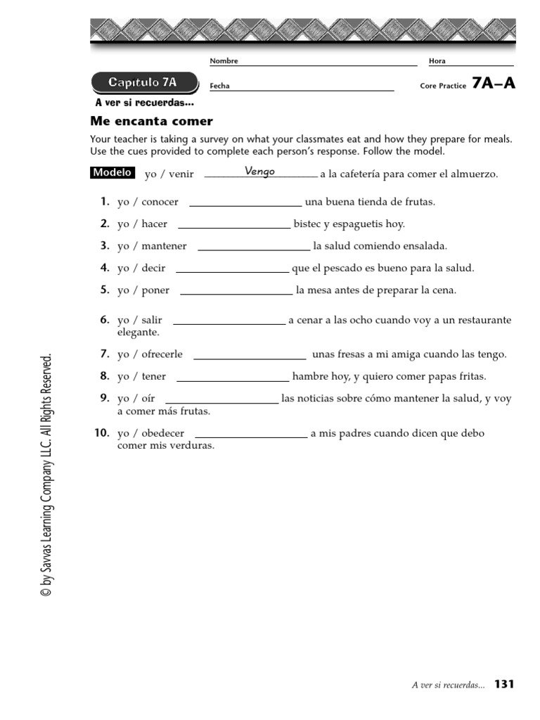 Realidades 2 7A Core Practice | PDF | Alimentos | Ingredientes de comida