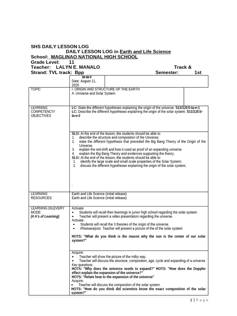 Daily Lesson Log in Earth Science | PDF | Rock (Geology) | Magma