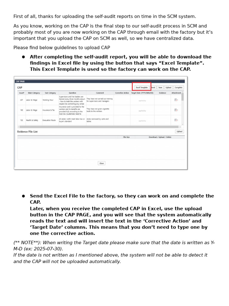 SAE-A - Guidelines To Upload CAP On SCM - Social Compliance | PDF