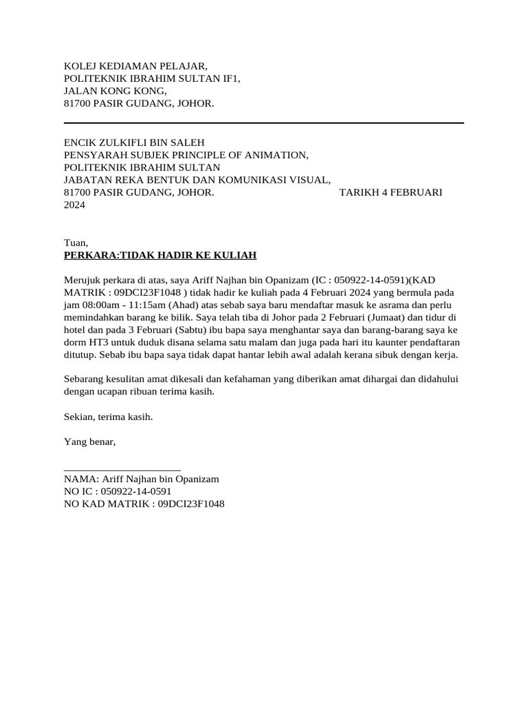 Example Surat Rasmi Tidak Hadir Ke Kuliah Mine | PDF