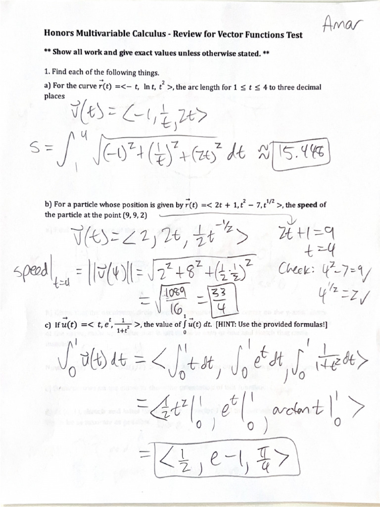 HMV Vector Functions Review KEY | PDF