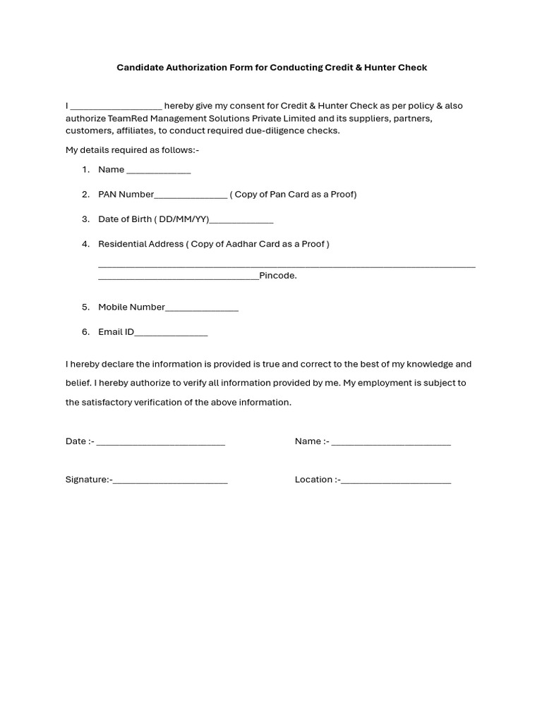 Candidate Authorization Form For Conducting CIBIL Check Ver 1.0 | PDF