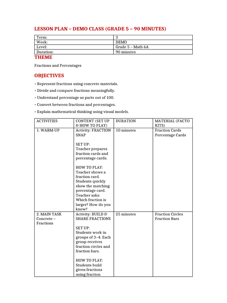 Grade 5 Demo Lesson Plan Fractions and Percentage | PDF | Percentage ...