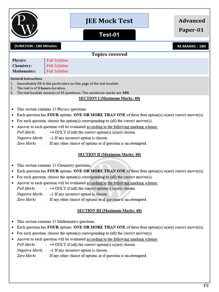 Jee Mock Test Adv. Paper - 1 (Test - 01) - Question | PDF | Waves | Mass
