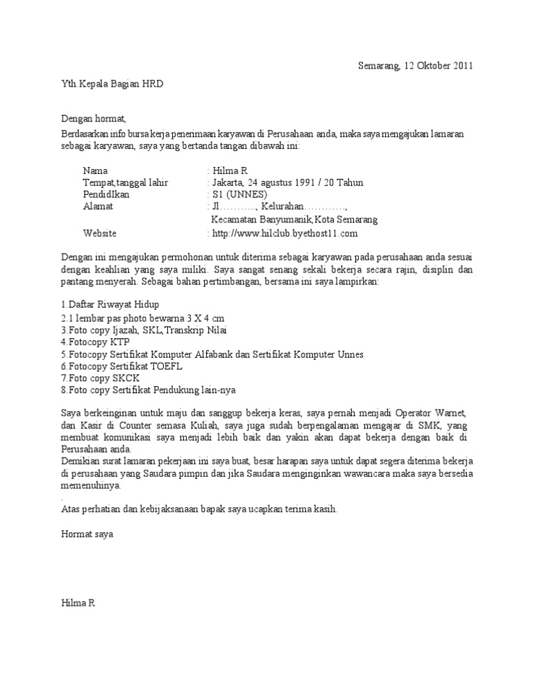 Surat Lamaran Umum Untuk Job Fair (Yg Belum Diketahui Nama Perusahaanya)