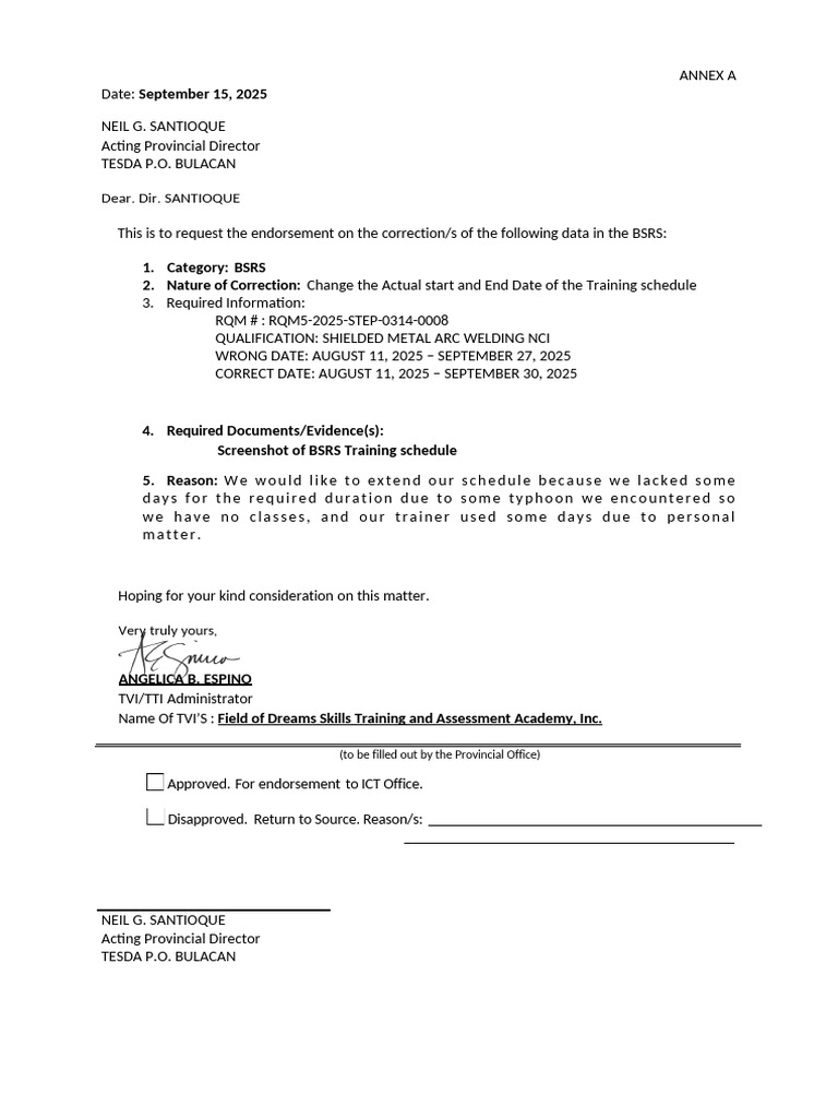 ANNEX A Change The Actual Start and End Date of The Training ScheduleI ...