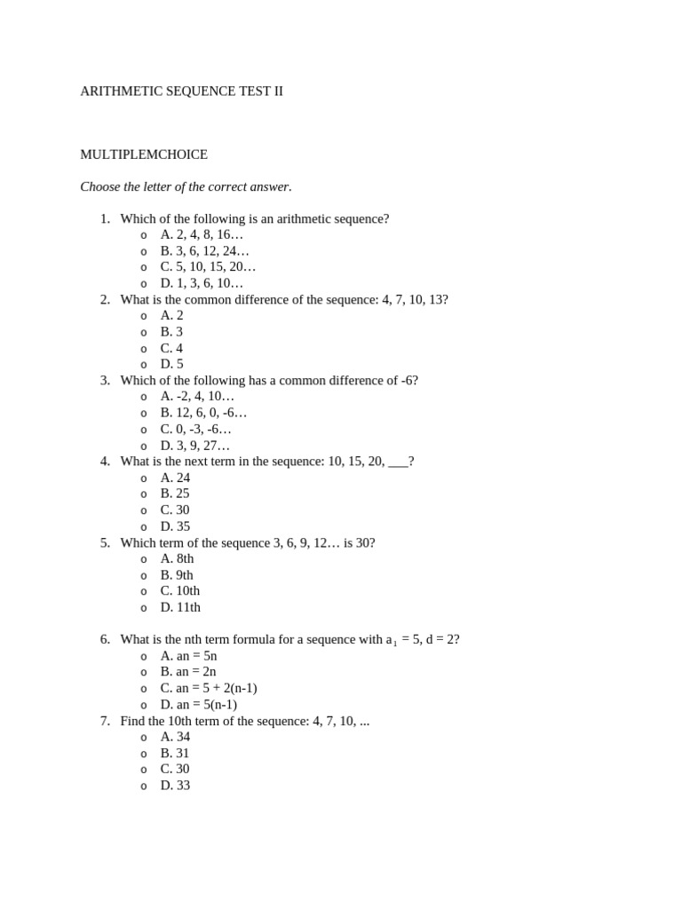 Arithmetic Sequence Test II | PDF | Mathematics | Chess