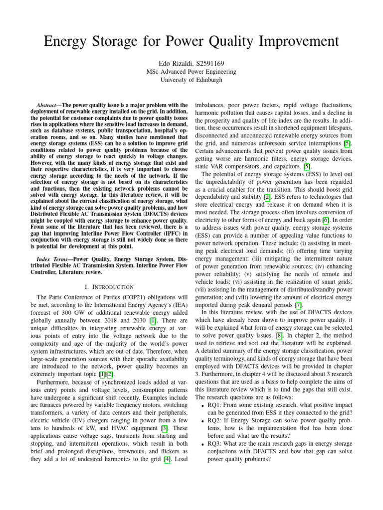 Energy Storage For Power Quality Improvement | PDF | Electrical Grid ...