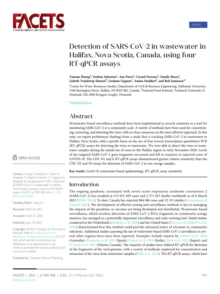 Detection of Sars Cov 2 in Wastewater in Halifax Nova Scotia Canada ...