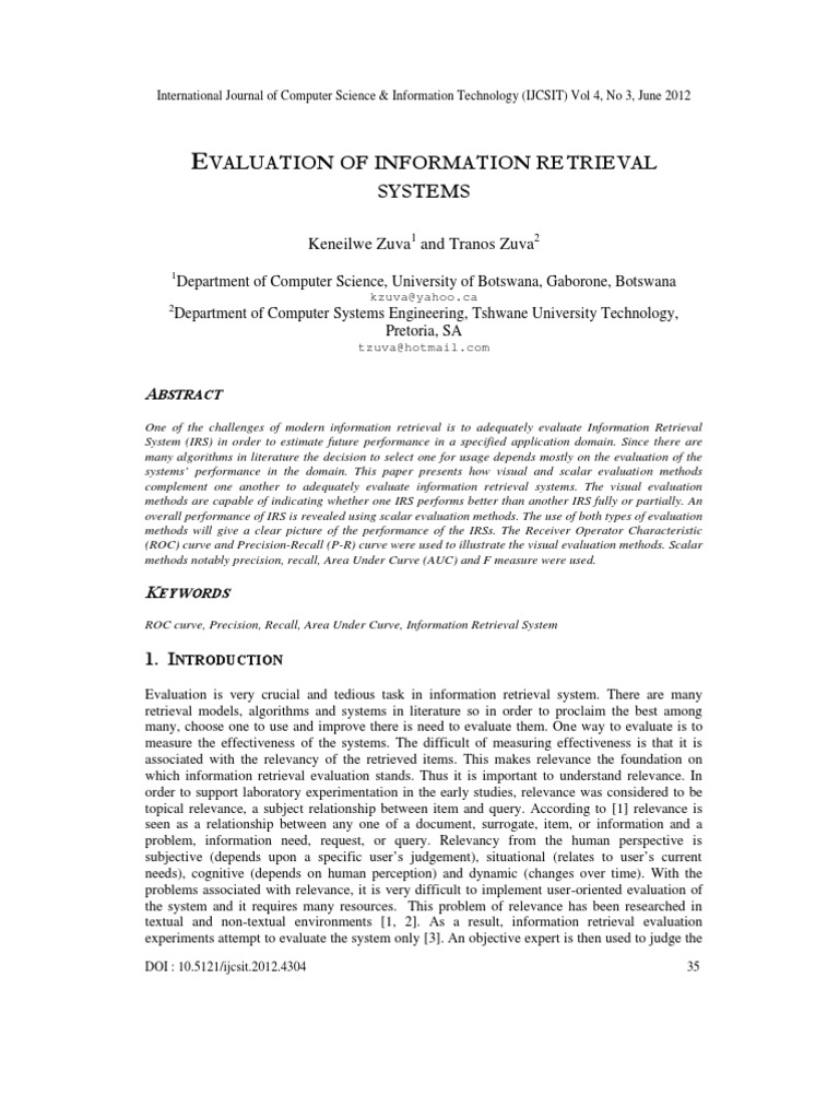 Evaluation of Information Retrieval Systems | PDF | Receiver Operating ...