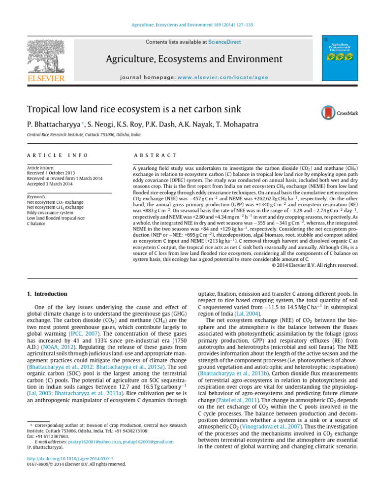 Tropical Low Land Rice Ecosystem in A Net Carbon Sink | PDF ...