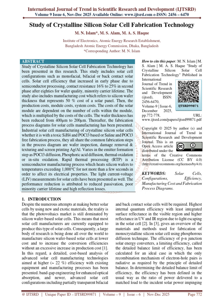 Study of Crystalline Silicon Solar Cell Fabrication Technology | PDF ...