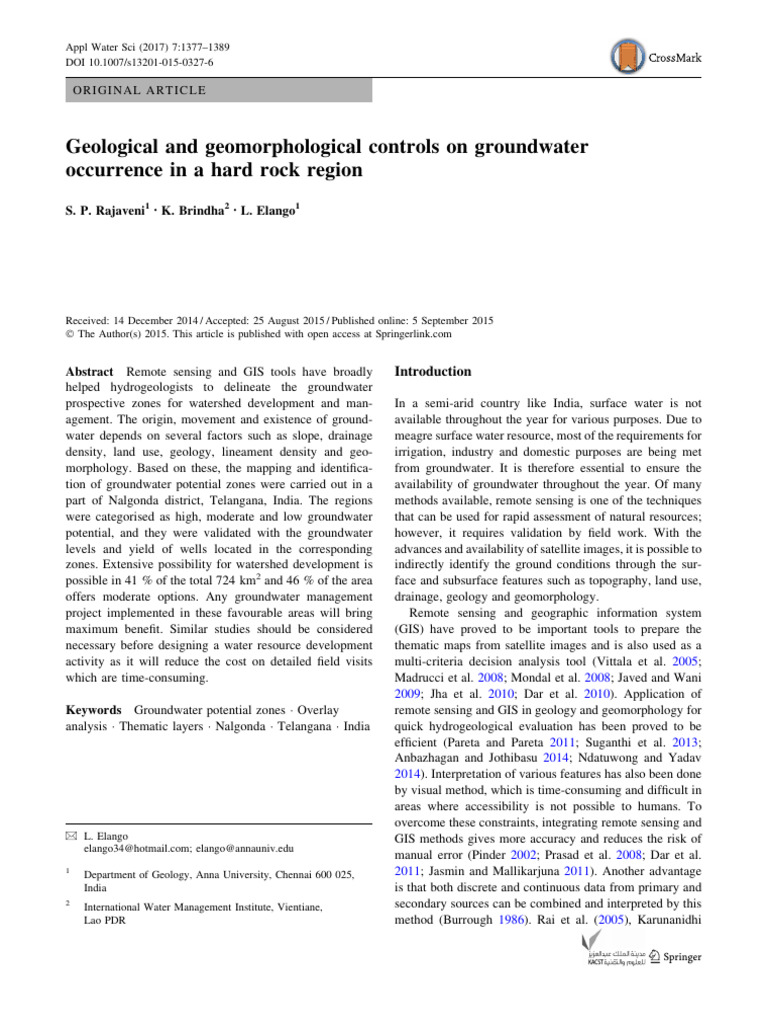 Geological and Geomorphological Controls On Groundwater Occurrence in A ...