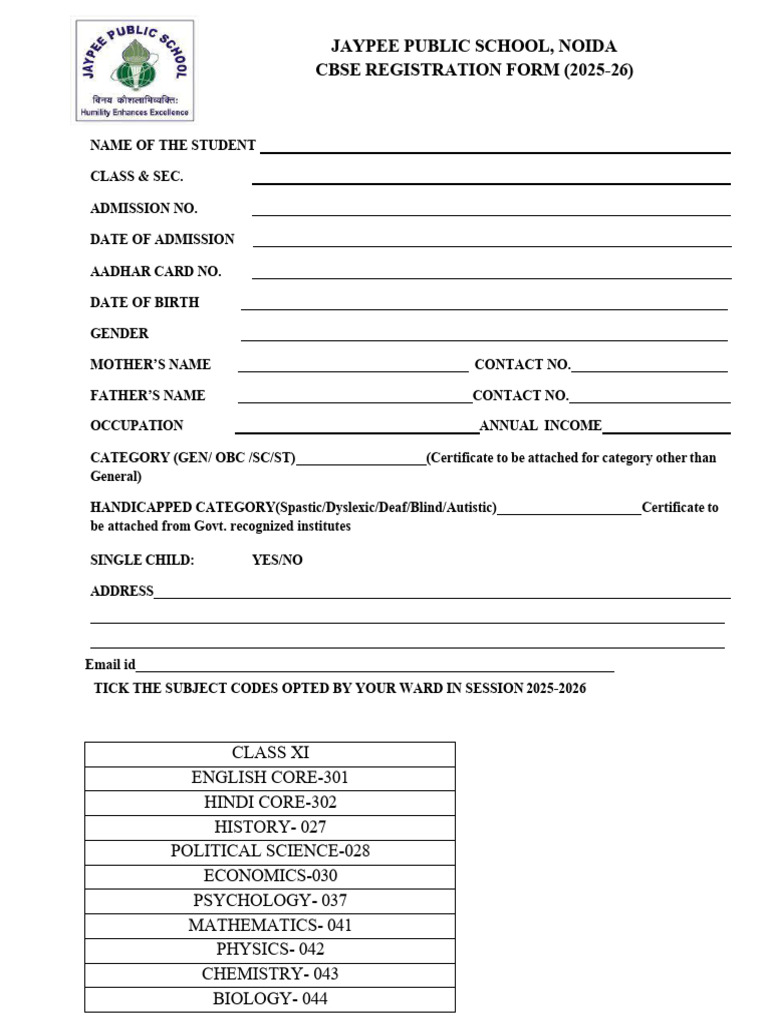 Format For Registration Cbse Xi Final | PDF