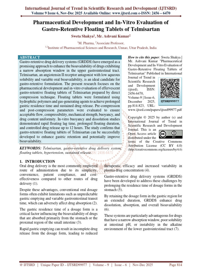 Pharmaceutical Development and in Vitro Evaluation of Gastro Retentive ...