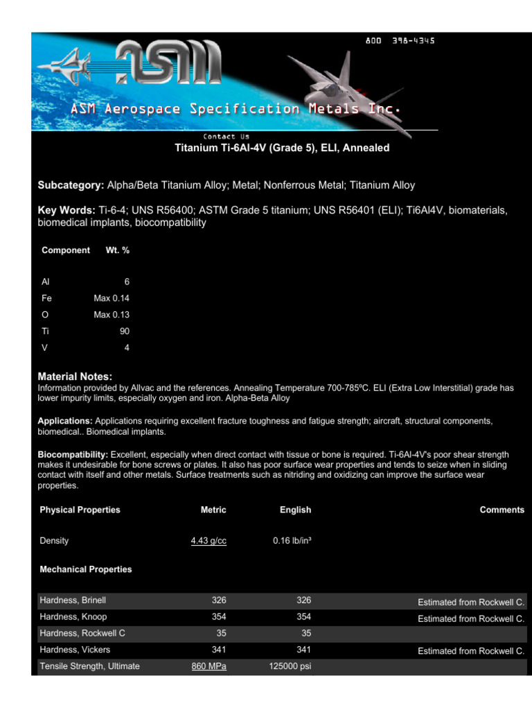 Titanium Ti 6al 4V Grade 5 ELI Annealed Data Sheet | PDF | Strength Of ...