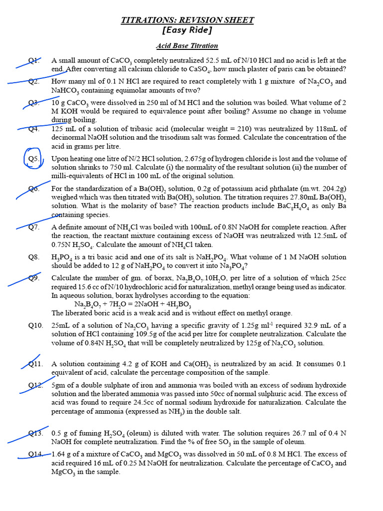Titrations Revision Worksheet | PDF | Sodium Hydroxide | Acid