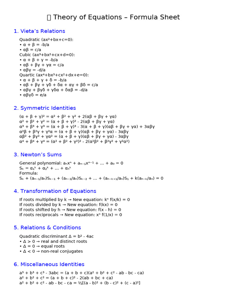 Theory of Equations Formulas Greek | PDF