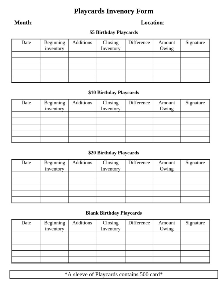 Playcards Invenory Form | PDF
