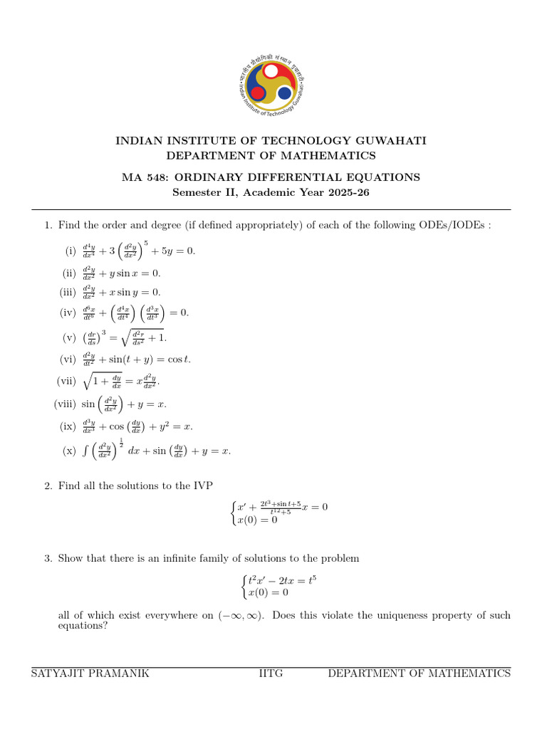 Ma548 Ode Ay2025 26 Tutorial | PDF | Ordinary Differential Equation ...